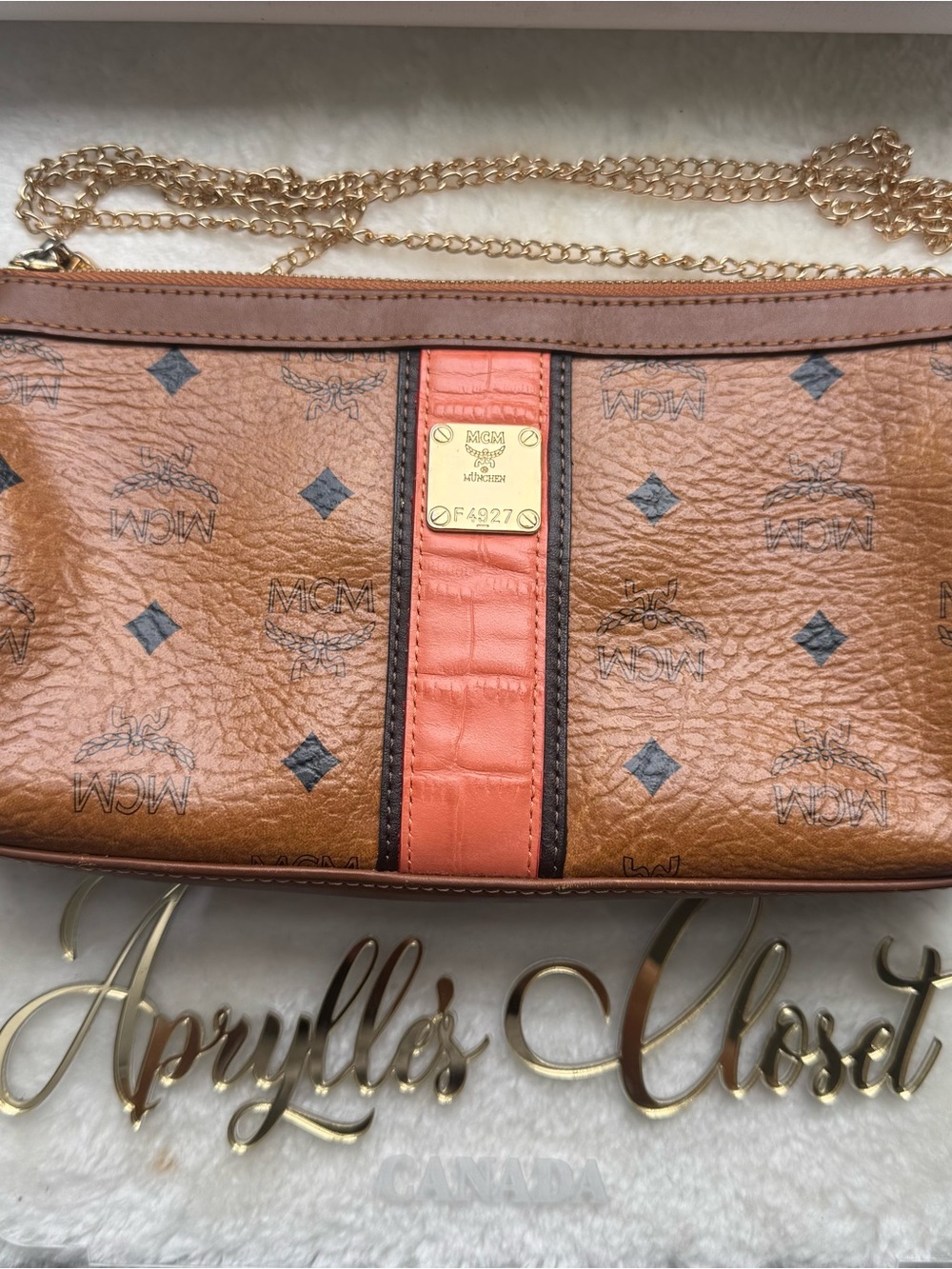 🧡 MCM Brown Logo Crossbody with Coral Stripe and Gold Chain